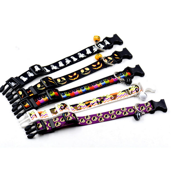 HKM-6074813 Ghost Halloween Series Dog Collar with Bell - Durable Imitation Nylon, Adjustable Size S-L