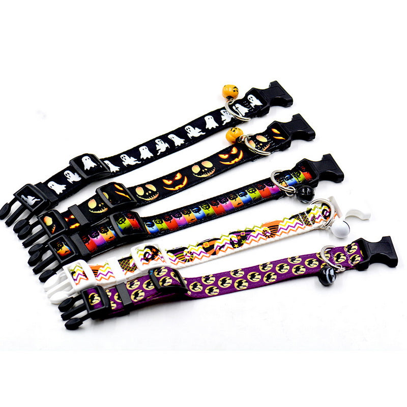 HKM-6074813 Ghost Halloween Series Dog Collar with Bell - Durable Imitation Nylon, Adjustable Size S-L