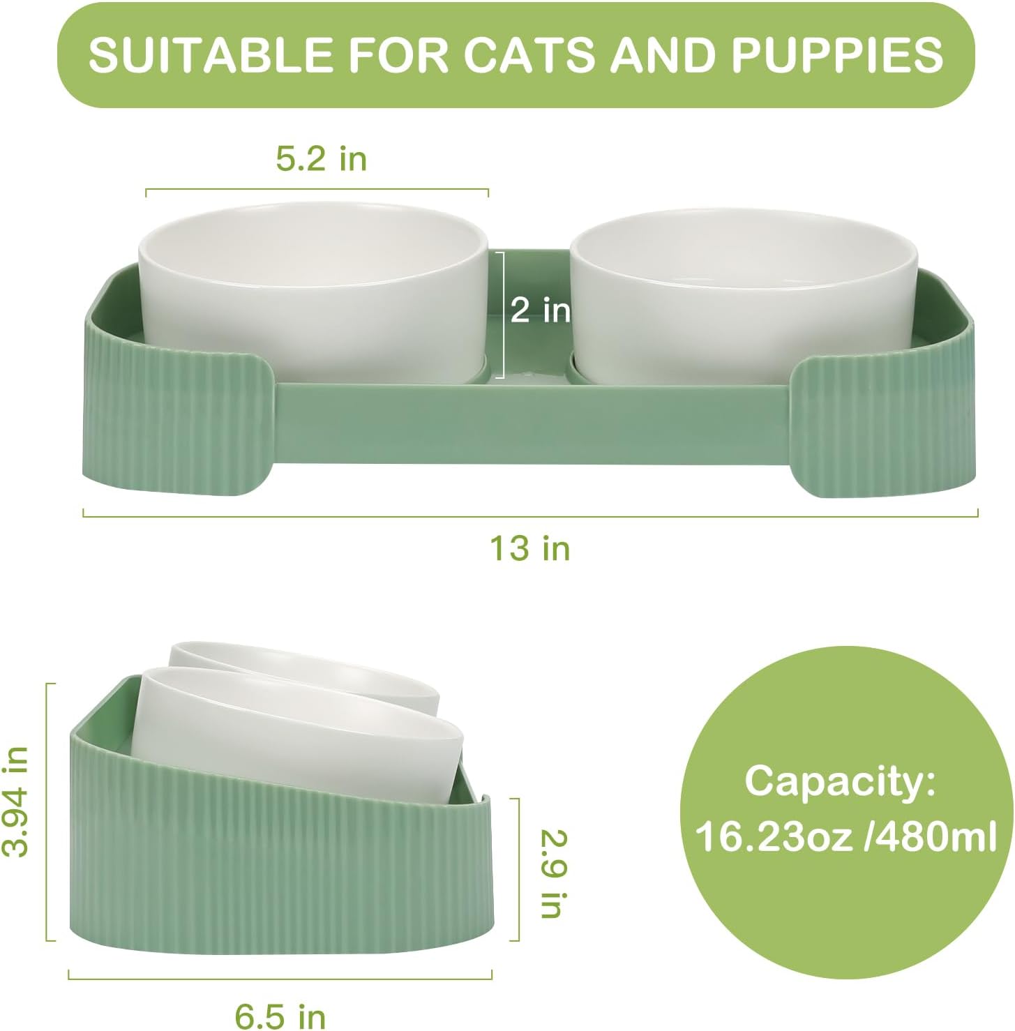 HKM-6076093 Elevated Ceramic Cat Bowls Set with 15° Tilted Design for Anti-Vomiting and Spill-Proof Feeding