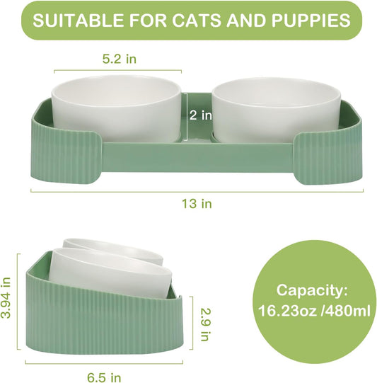 HKM-6076093 Elevated Ceramic Cat Bowls Set with 15° Tilted Design for Anti-Vomiting and Spill-Proof Feeding