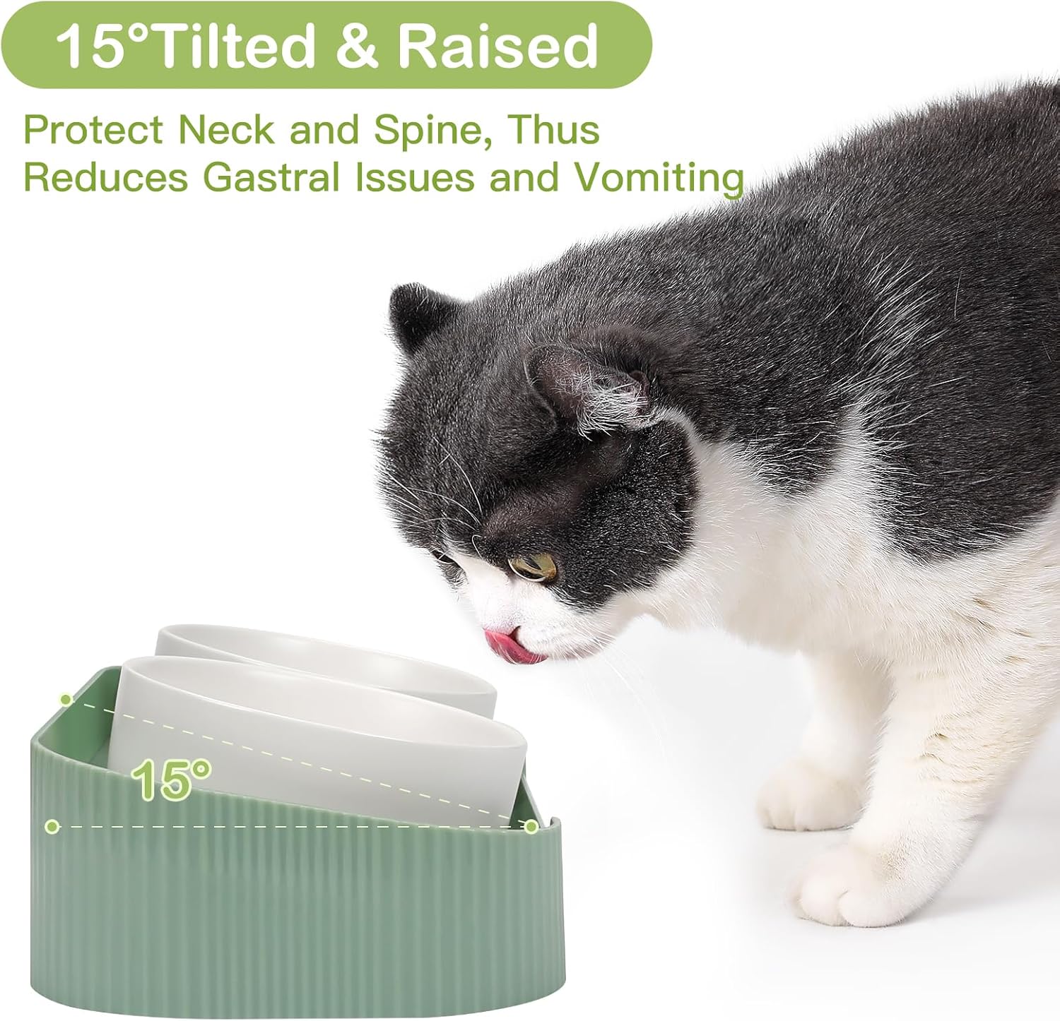 HKM-6076093 Elevated Ceramic Cat Bowls Set with 15° Tilted Design for Anti-Vomiting and Spill-Proof Feeding