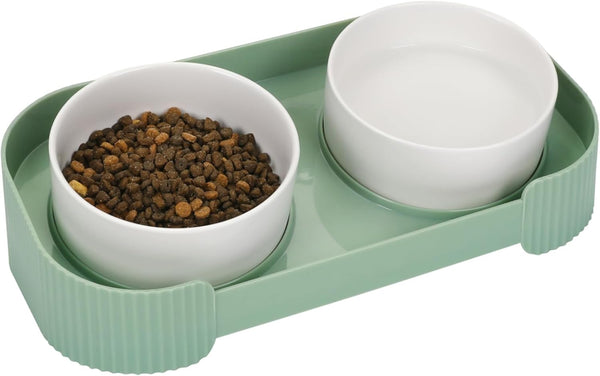 HKM-6076093 Elevated Ceramic Cat Bowls Set with 15° Tilted Design for Anti-Vomiting and Spill-Proof Feeding