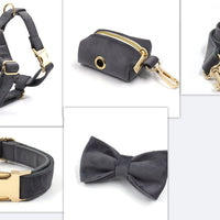 HKM-6080061 Dark Grey Velvet Pet Collar and Leash Set with Bow and Chest Harness
