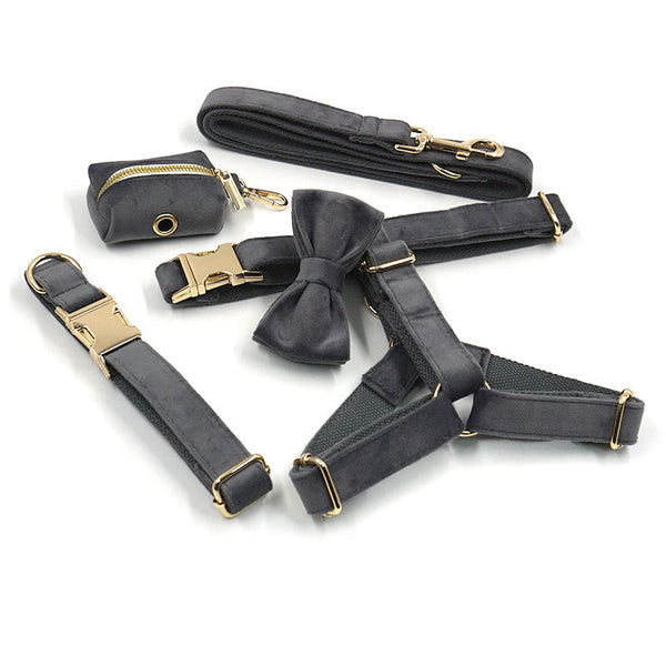 HKM-6080061 Dark Grey Velvet Pet Collar and Leash Set with Bow and Chest Harness