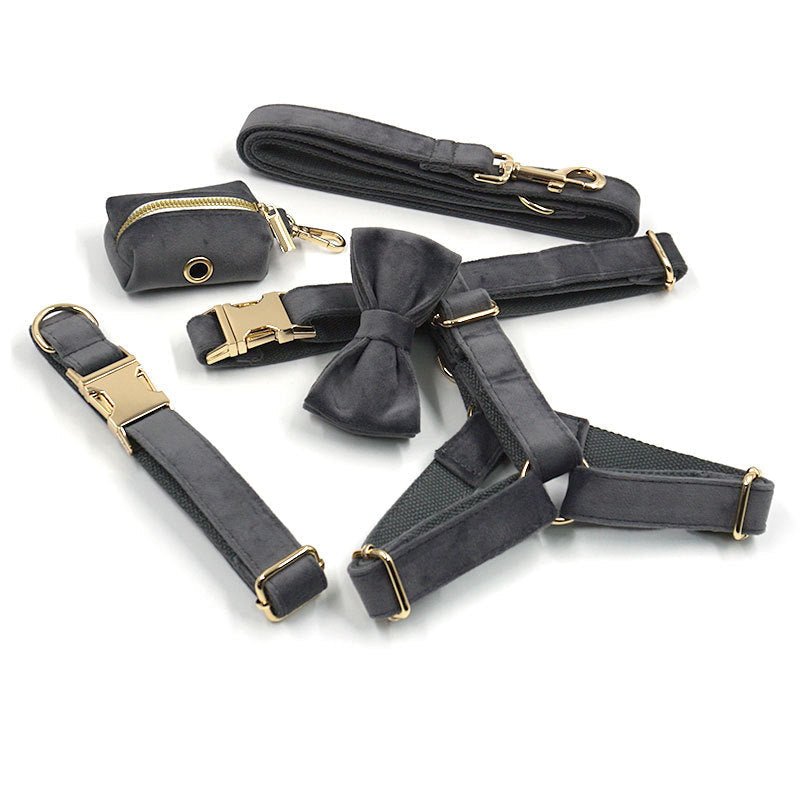 HKM-6080061 Dark Grey Velvet Pet Collar and Leash Set with Bow and Chest Harness