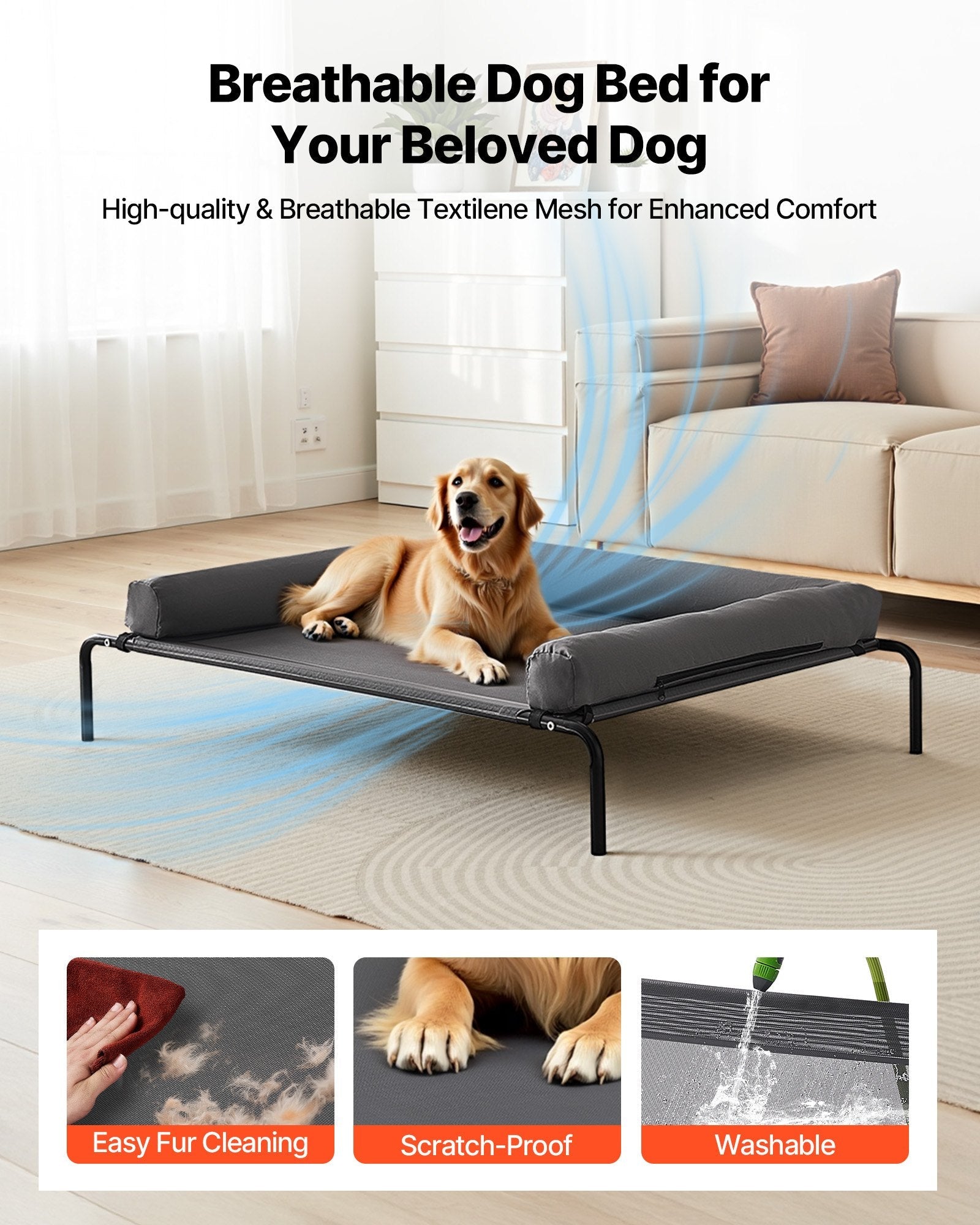HKM-6083005 Elevated Dog Bed for Large Dogs with Supportive Pillow, Portable Raised Cot in Gray