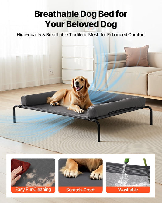 HKM-6083005 Elevated Dog Bed for Large Dogs with Supportive Pillow, Portable Raised Cot in Gray