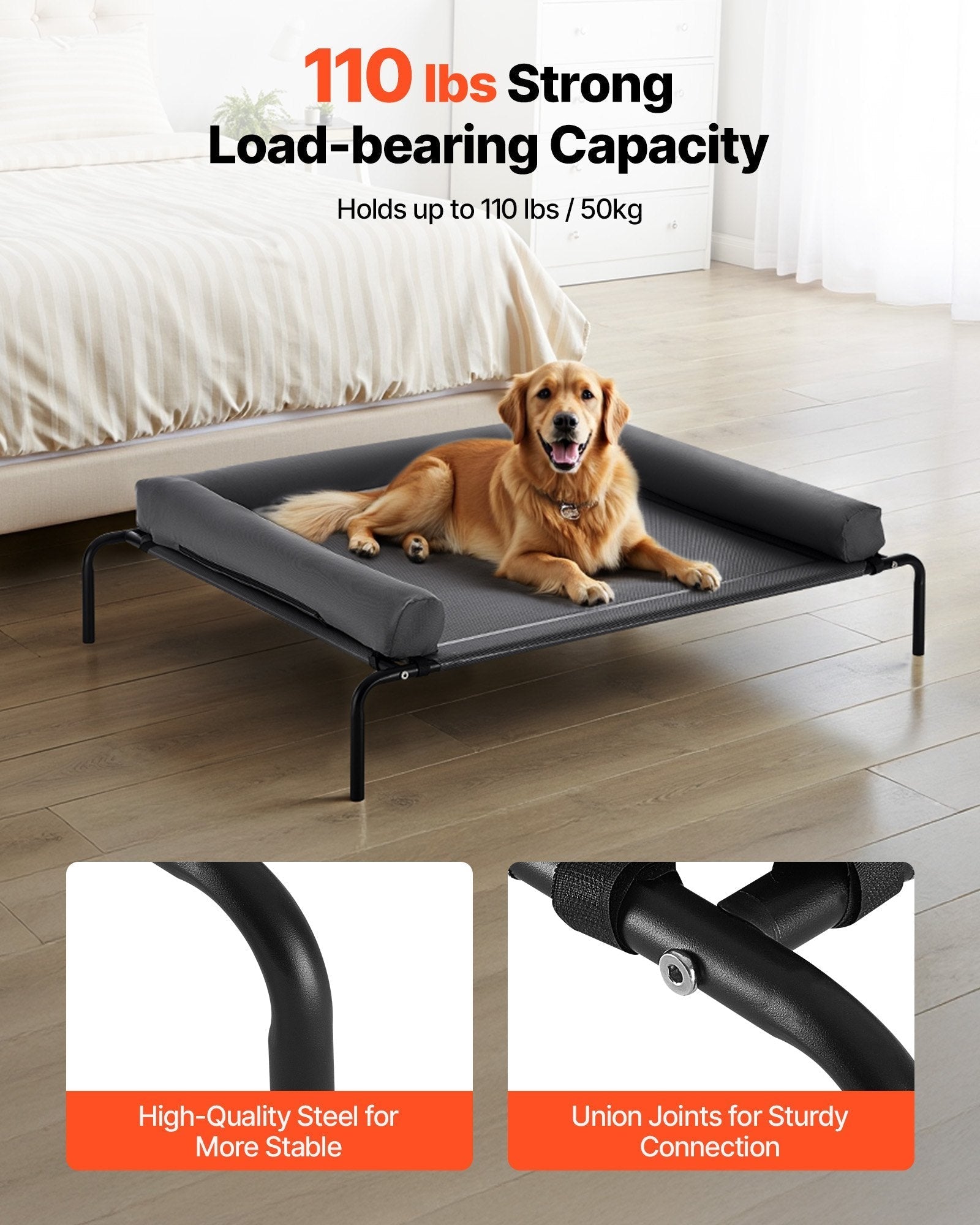 HKM-6083005 Elevated Dog Bed for Large Dogs with Supportive Pillow, Portable Raised Cot in Gray