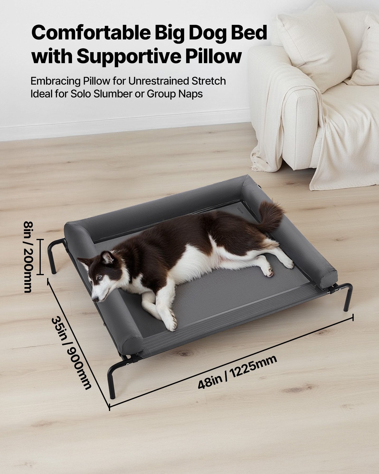 HKM-6083005 Elevated Dog Bed for Large Dogs with Supportive Pillow, Portable Raised Cot in Gray