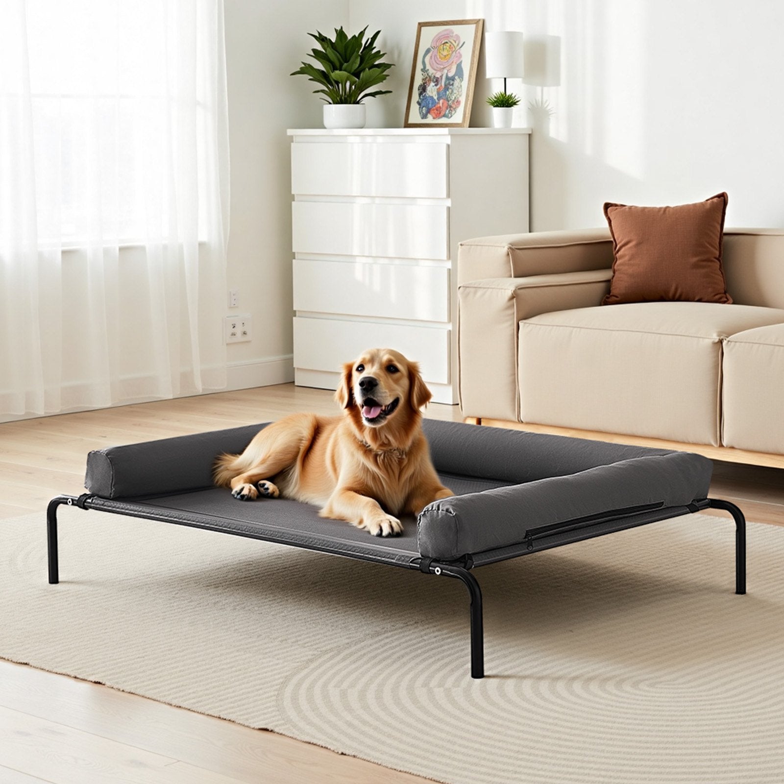 HKM-6083005 Elevated Dog Bed for Large Dogs with Supportive Pillow, Portable Raised Cot in Gray