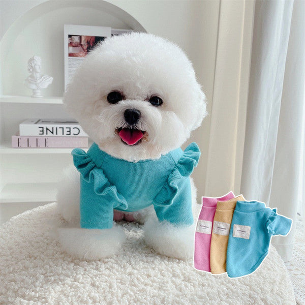 HKM-6090685 Knit Dog Clothes with Small Flying Sleeves - Thick Polyester Material in Blue, Pink, Yellow, Sizes S-XXL
