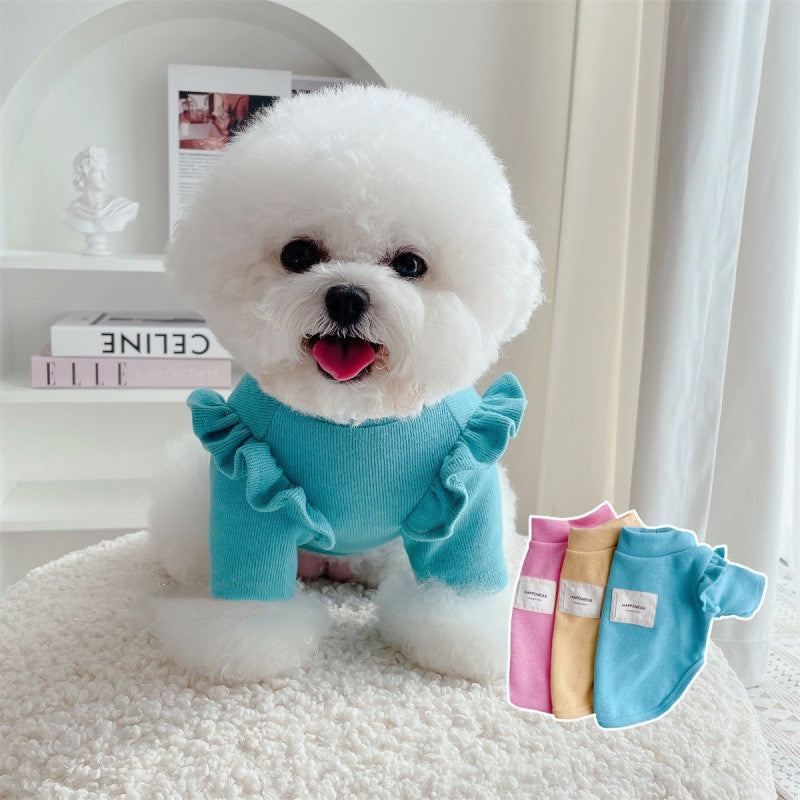 HKM-6090685 Knit Dog Clothes with Small Flying Sleeves - Thick Polyester Material in Blue, Pink, Yellow, Sizes S-XXL