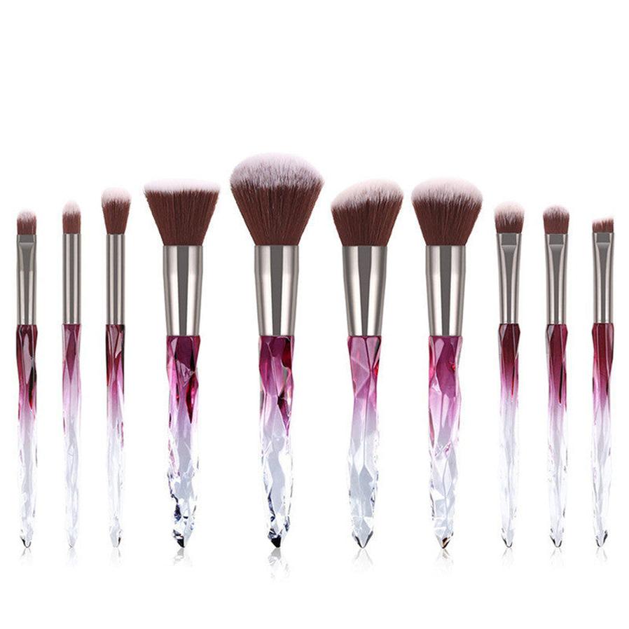 HKM-609107 10-Piece Crystal Makeup Brush Set with Diamond Handles and Premium Man-Made Fiber Bristles