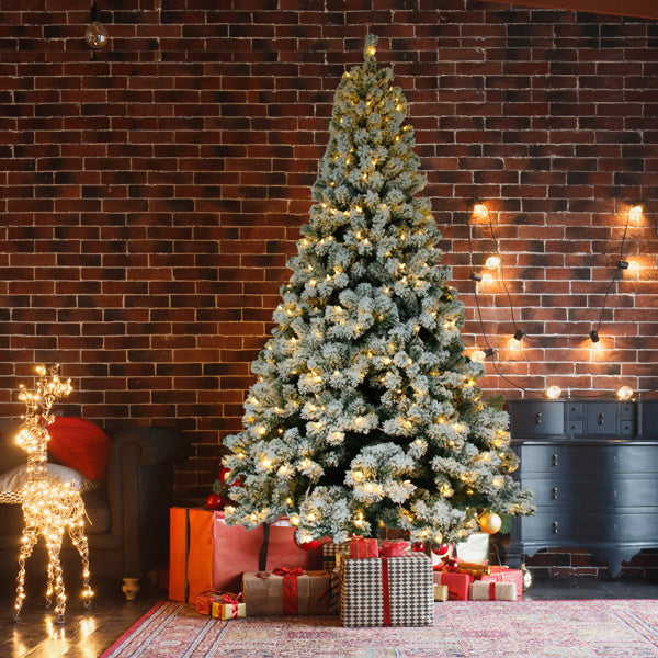 HKM-609171 6ft Green Flocking Christmas Tree with 550 Warm Lights and 8 Light Patterns, PVC Material, 928 Branches