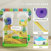HKM-6093757 5-Tier Small Animal Cage with Tubes, Ramps, Wheel, Water Bottle, and Dish - Ideal for Hamsters and Gerbils