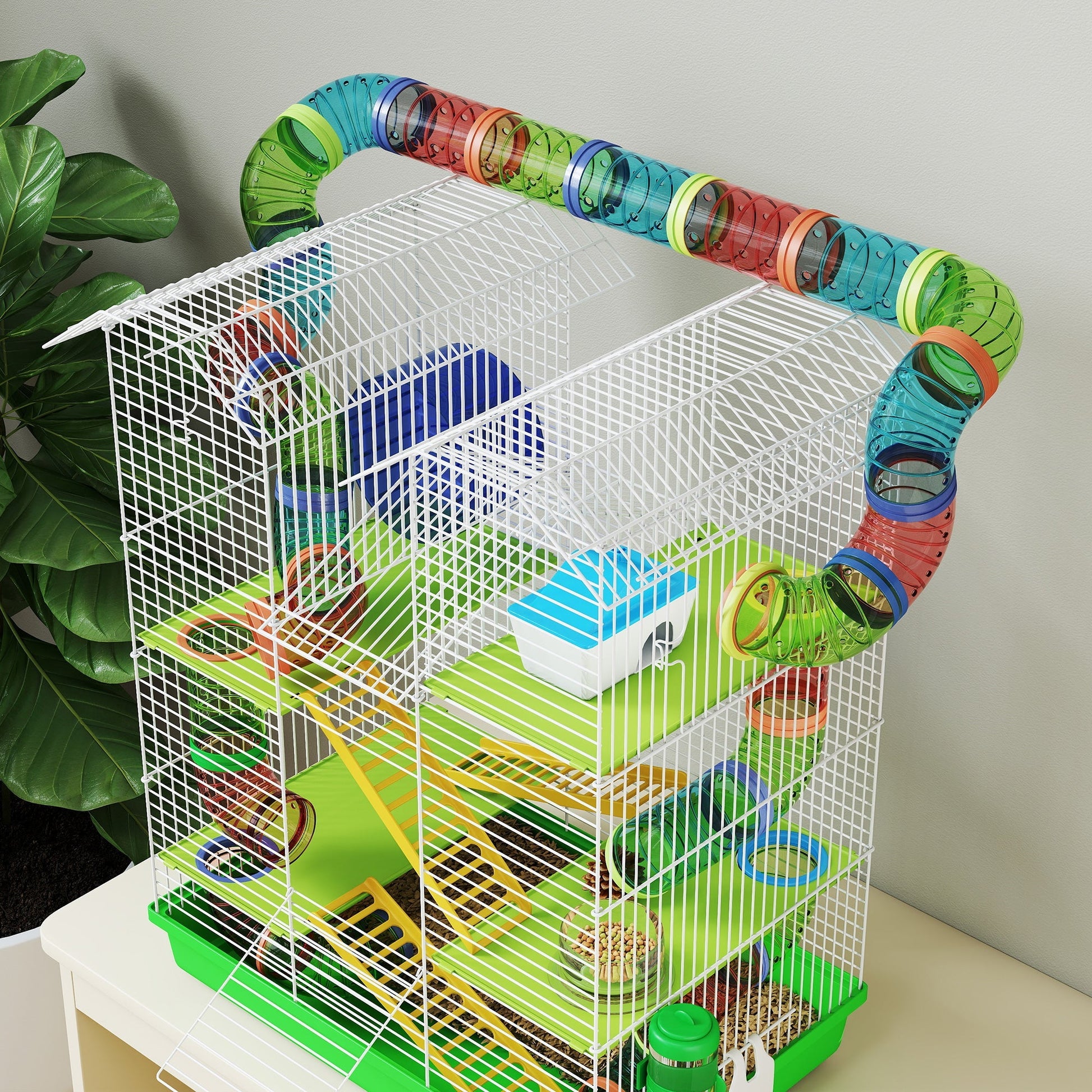 HKM-6093757 5-Tier Small Animal Cage with Tubes, Ramps, Wheel, Water Bottle, and Dish - Ideal for Hamsters and Gerbils