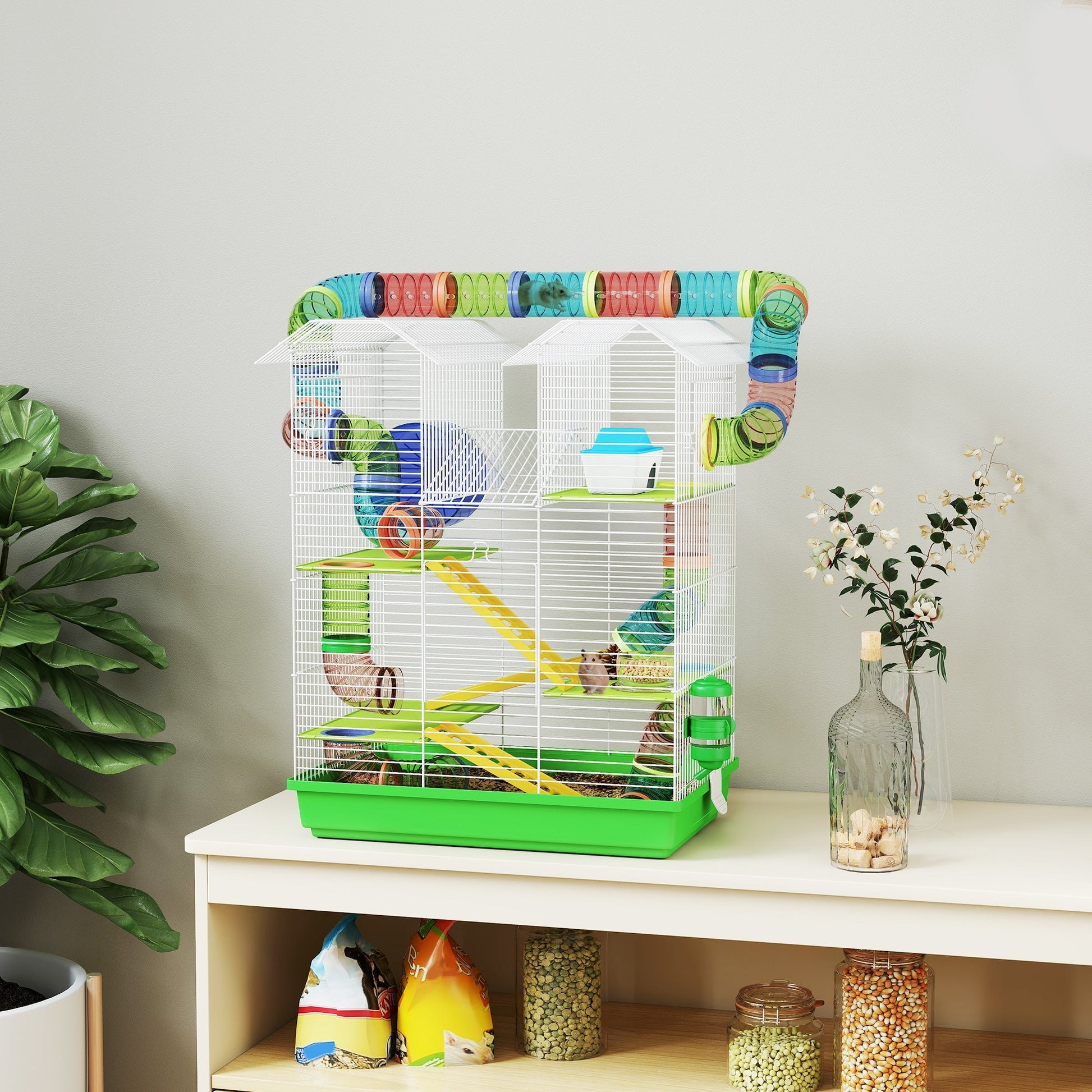 HKM-6093757 5-Tier Small Animal Cage with Tubes, Ramps, Wheel, Water Bottle, and Dish - Ideal for Hamsters and Gerbils