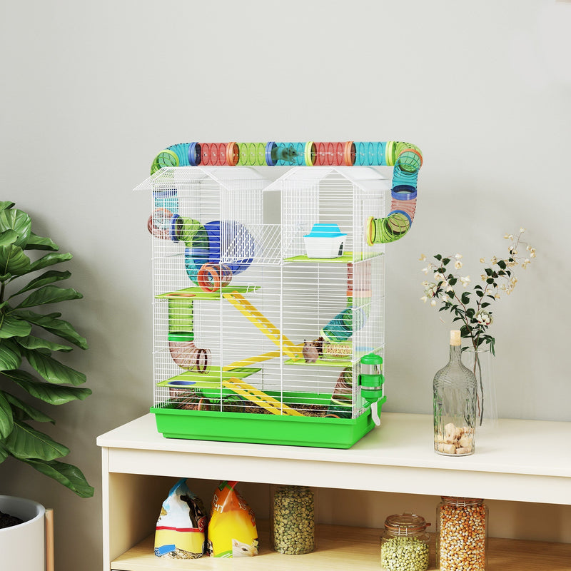 HKM-6093757 5-Tier Small Animal Cage with Tubes, Ramps, Wheel, Water Bottle, and Dish - Ideal for Hamsters and Gerbils
