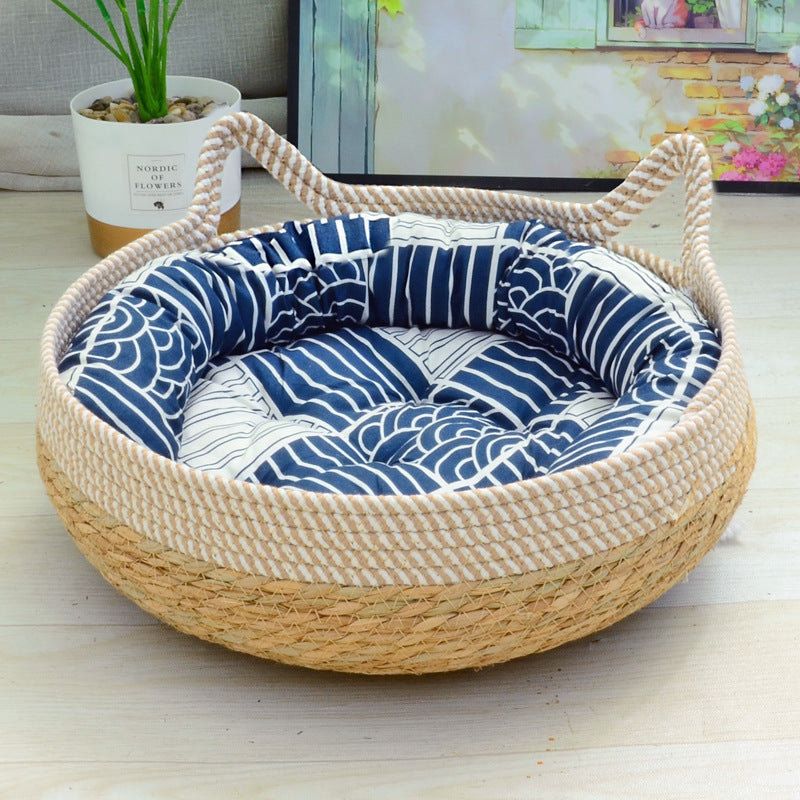 HKM-6094141 Rattan Cat Nest with Cotton Cushion - Various Sizes for Cats and Dogs