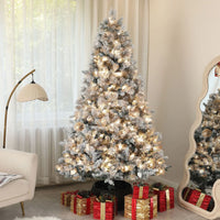 HKM-609491 7.5 ft Prelit Flocked Christmas Tree with 500 Clear Lights and Metal Stand