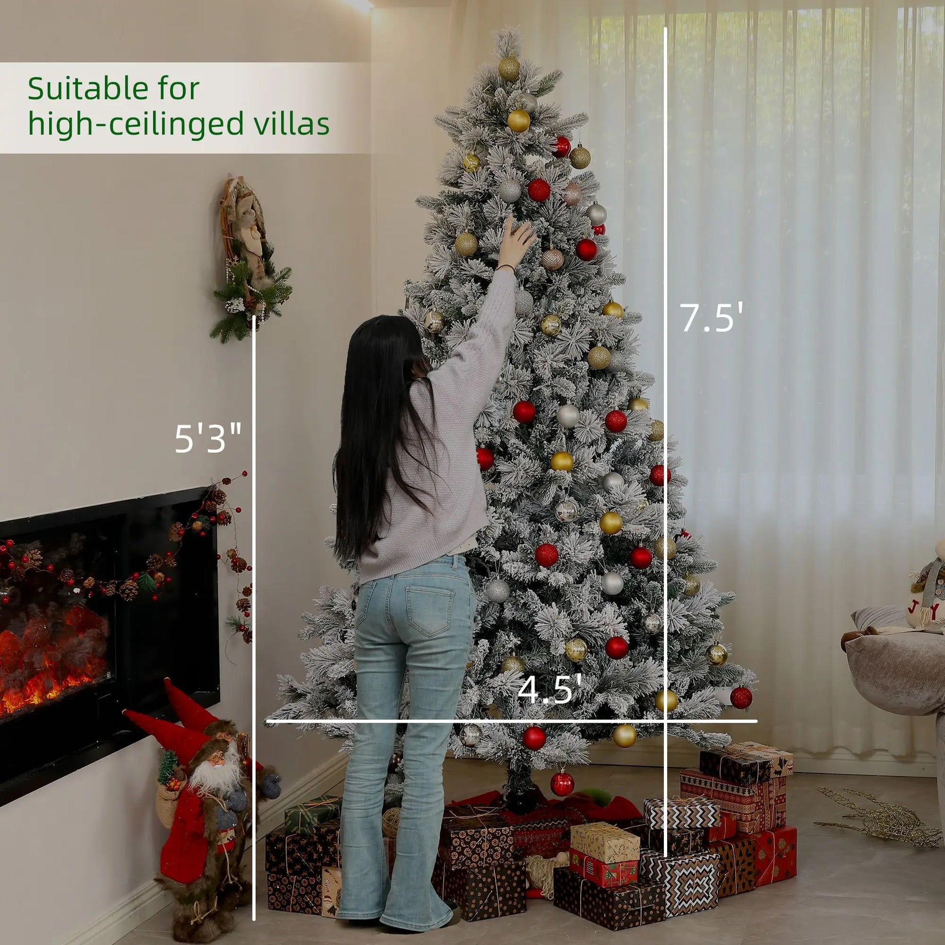 HKM-609491 7.5 ft Prelit Flocked Christmas Tree with 500 Clear Lights and Metal Stand