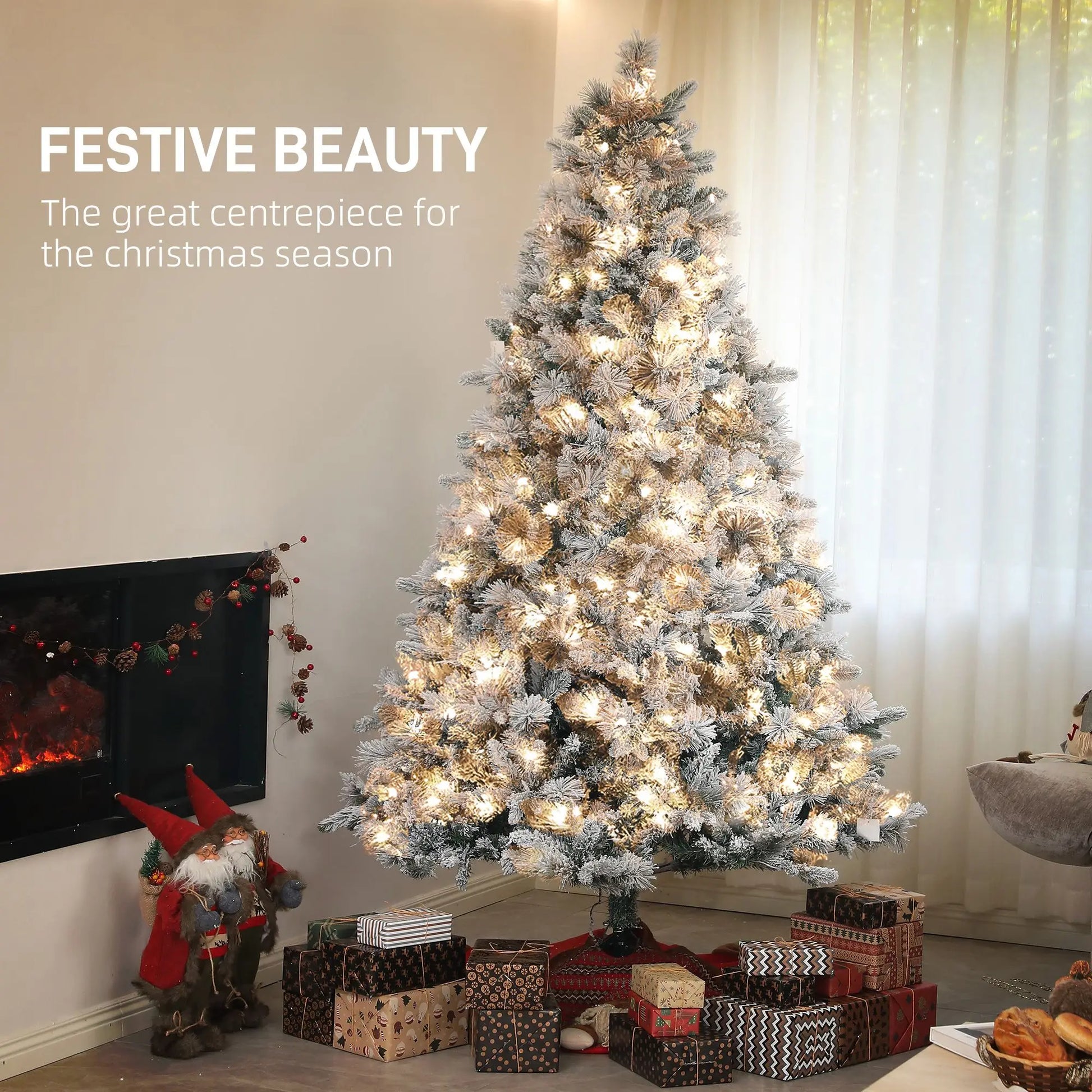 HKM-609491 7.5 ft Prelit Flocked Christmas Tree with 500 Clear Lights and Metal Stand