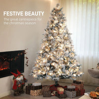 HKM-609491 7.5 ft Prelit Flocked Christmas Tree with 500 Clear Lights and Metal Stand