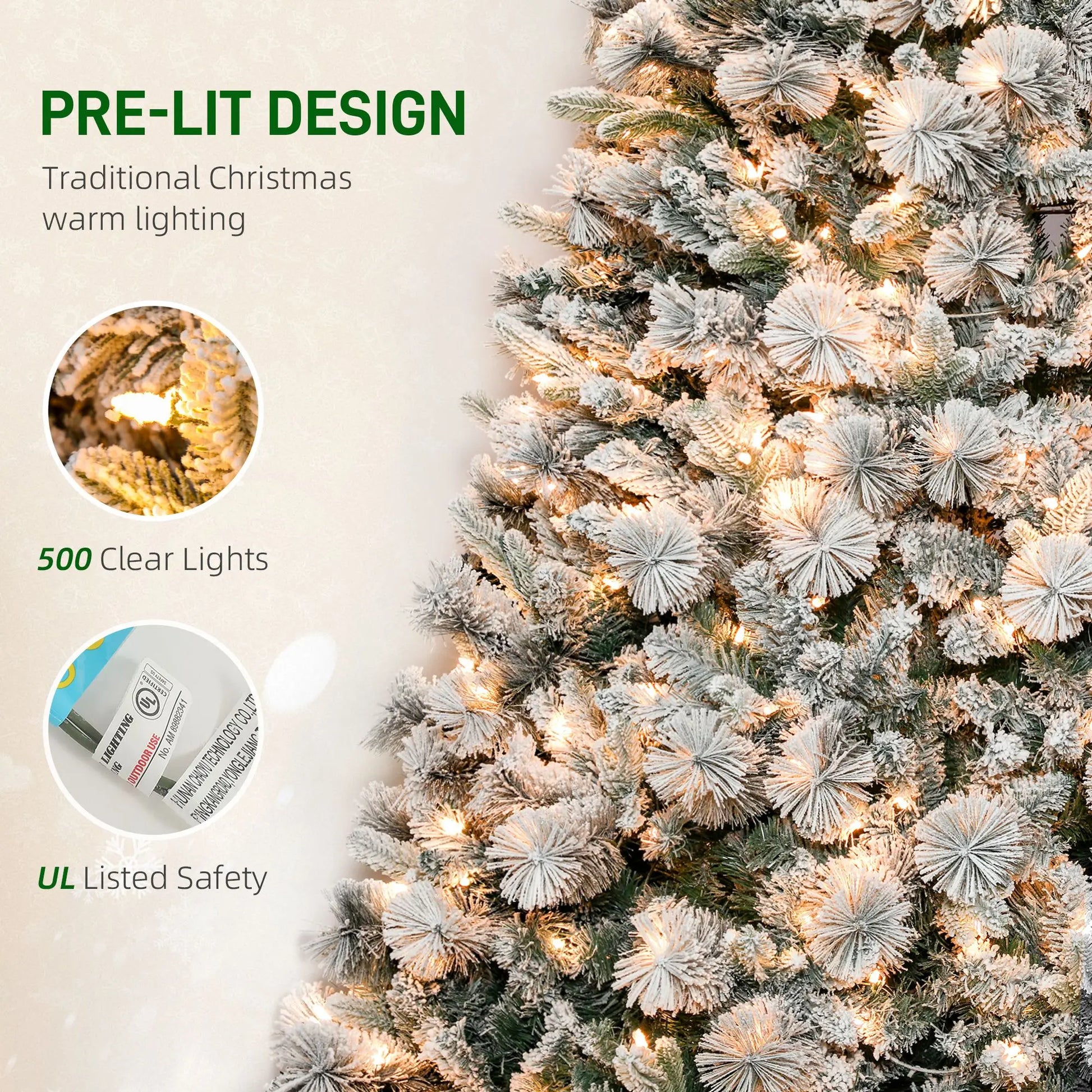 HKM-609491 7.5 ft Prelit Flocked Christmas Tree with 500 Clear Lights and Metal Stand