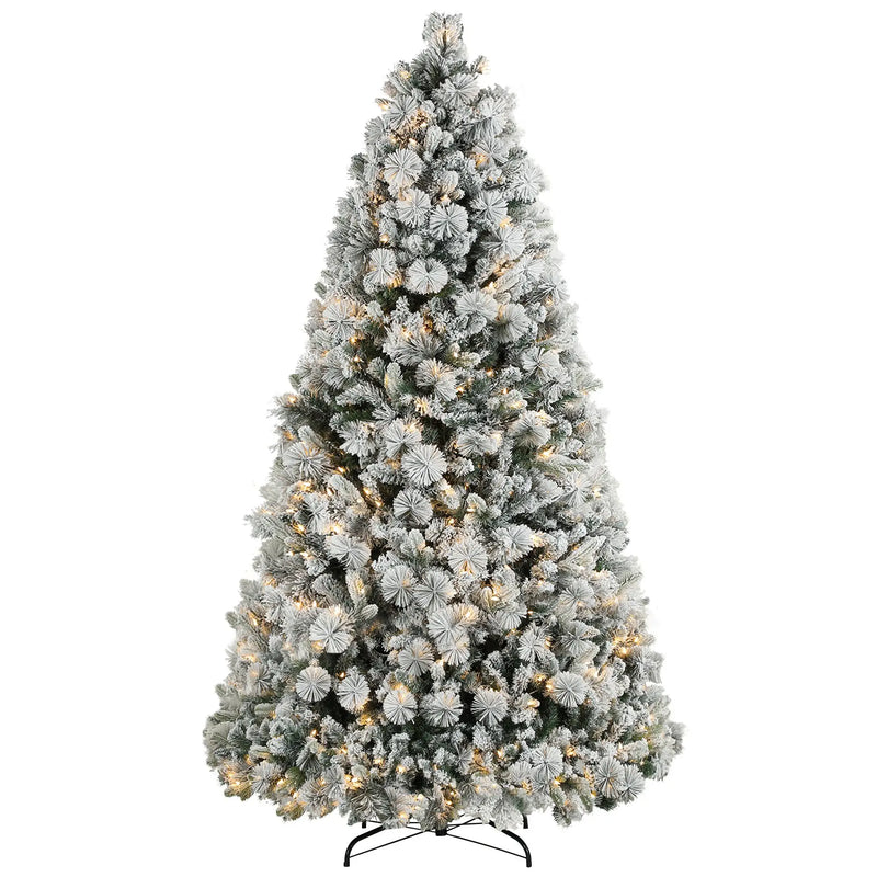 HKM-609491 7.5 ft Prelit Flocked Christmas Tree with 500 Clear Lights and Metal Stand