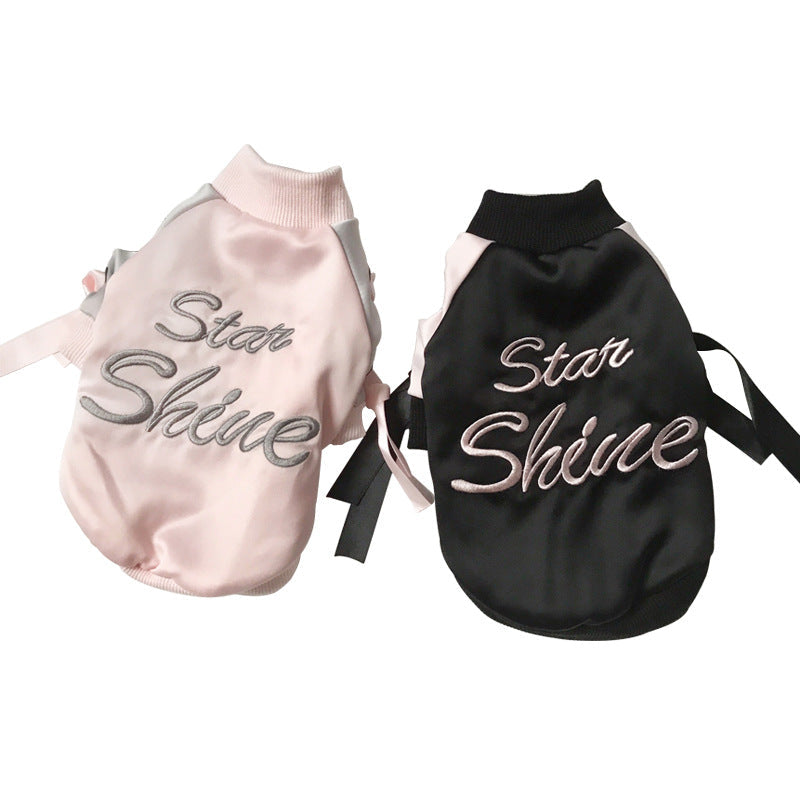HKM-6096445 Stylish Autumn Dog Jacket in Black and Pink - Satin Baseball Uniform for Cats and Kittens