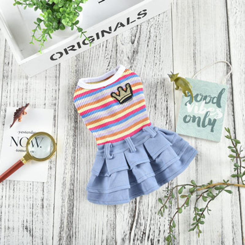 HKM-6097469 Colorful Striped Skirt Dress for Small and Medium-Sized Dogs - Casual Cartoon Design