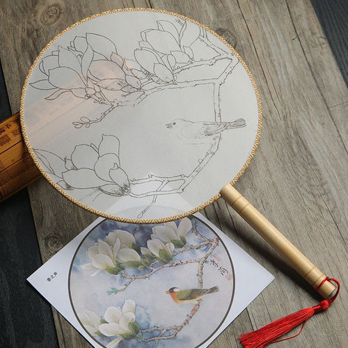 HKM-609811 DIY Round Silk Fan with Wooden Handle - Blank for Hand Painting, 21cm Diameter