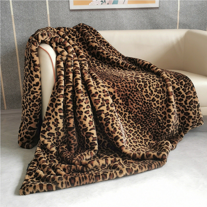 HKM-609875 Leopard Print Soft Polyester Faux Fur Blanket for All Seasons