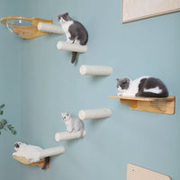 HKM-6099133 Wall-Mounted Solid Wood Cat Rack with Sisal Grab Post in White