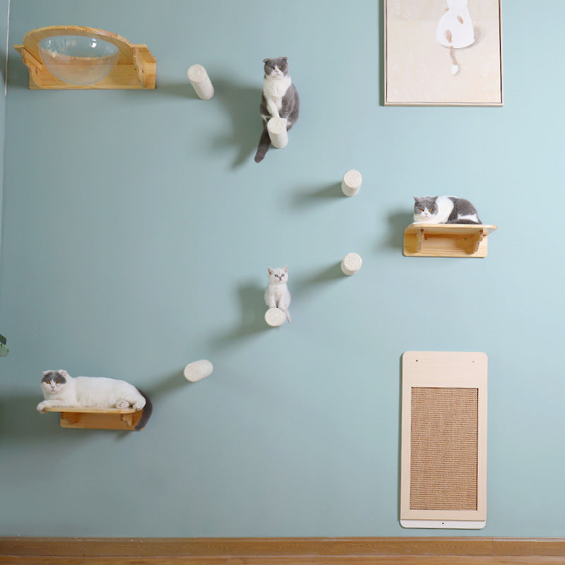 HKM-6099133 Wall-Mounted Solid Wood Cat Rack with Sisal Grab Post in White