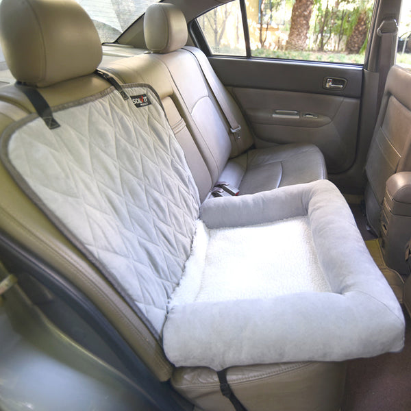 HKM-6107837 Double-Decker Pet Car Cushion with Waterproof Backing in Coconut Color and Light Gray Suede