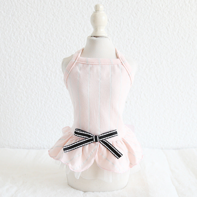 HKM-6109757 Striped Cotton Dress for Dogs ¨C Spring/Summer Fashion with Bow Tie Detail