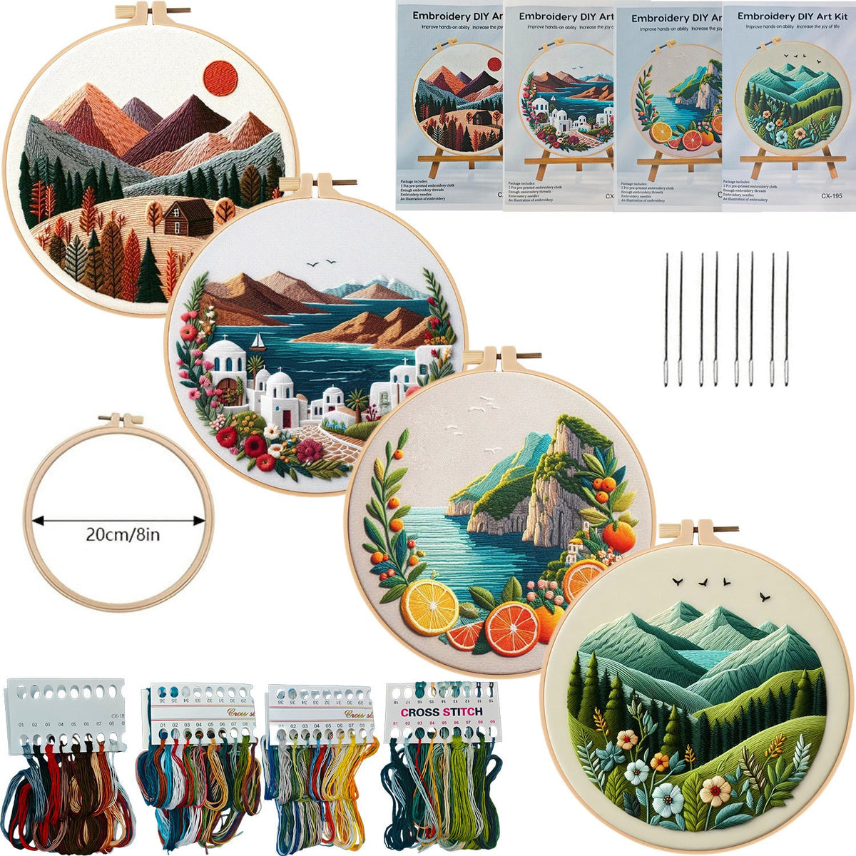 HKM-611027 European Embroidery Material Package - Mountain and Coast Series with Imitation Bamboo Frames