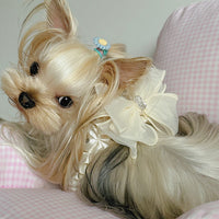 HKM-6110653 Fashionable Milk White Bow Tie Dog Leash and Chest Strap Set