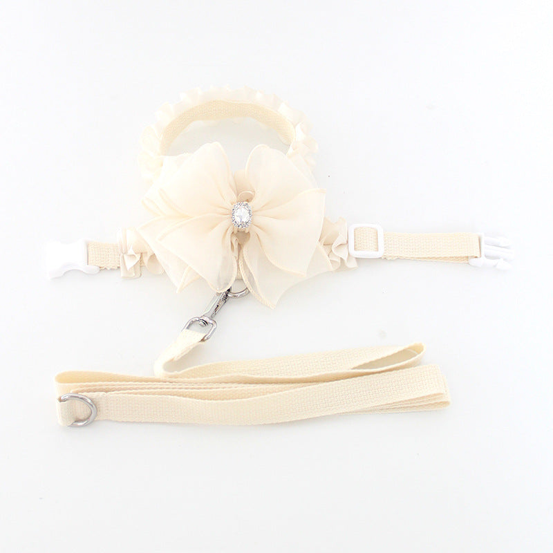 HKM-6110653 Fashionable Milk White Bow Tie Dog Leash and Chest Strap Set