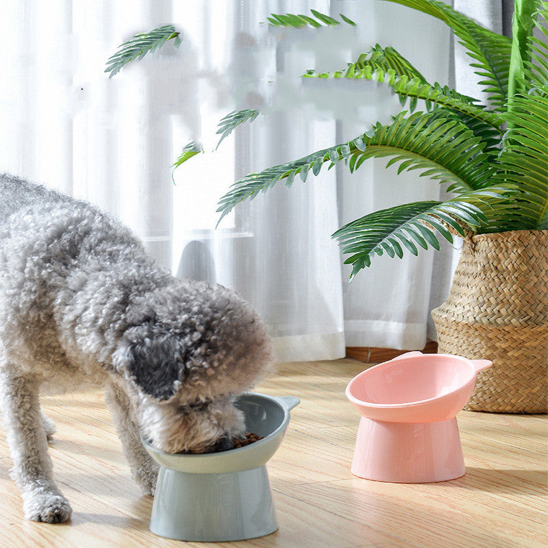 HKM-6111549 Nordic Style High Plastic Cat and Dog Bowl - Oblique Mouth Design in Light Pink, Blue Gray, and Light Green