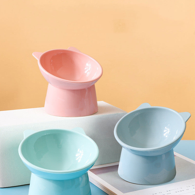 HKM-6111549 Nordic Style High Plastic Cat and Dog Bowl - Oblique Mouth Design in Light Pink, Blue Gray, and Light Green