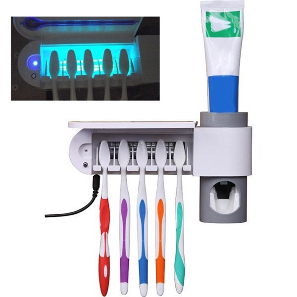 HKM-611859 3-in-1 Toothbrush Holder with Toothpaste Dispenser and UV Sterilizer, Wall-Mount Design, Space-Saving Functionality