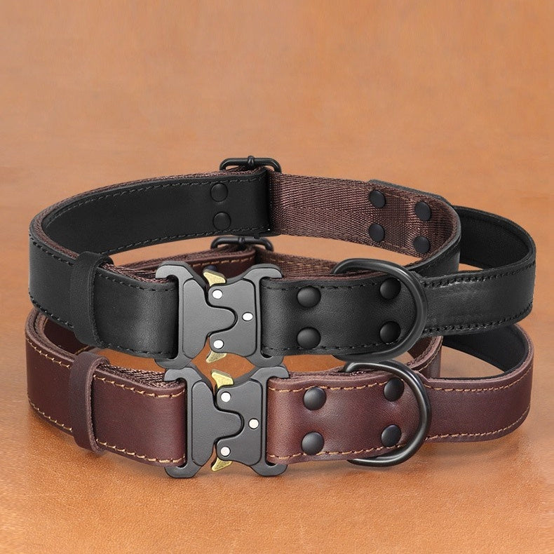 HKM-611859 Leather Dog Bandana and Pulling Rope Set - Available in Black and Brown