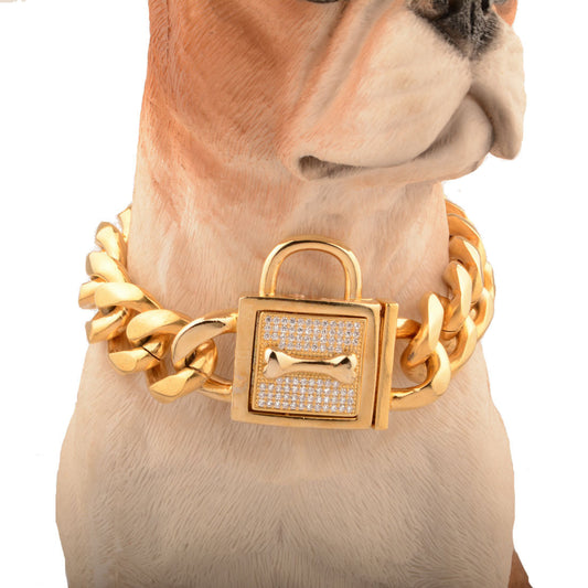 HKM-612051 Gold and Silver Titanium Steel Dog Chain with White Diamond Inlays - 19mm Width, Adjustable Length from 12 to 32 Inches
