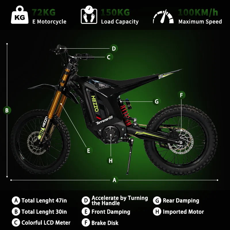 HKM-612115 72V Electric Motorcycle 20000W Lithium Battery Dirt Bike with 150KM Range and Hydraulic Brakes