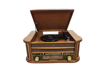 HKM-612179 Multifunctional Retro Wooden Turntable with AM FM Radio, USB and Bluetooth Connectivity, Plays Vinyl Records, CDs, and Tapes