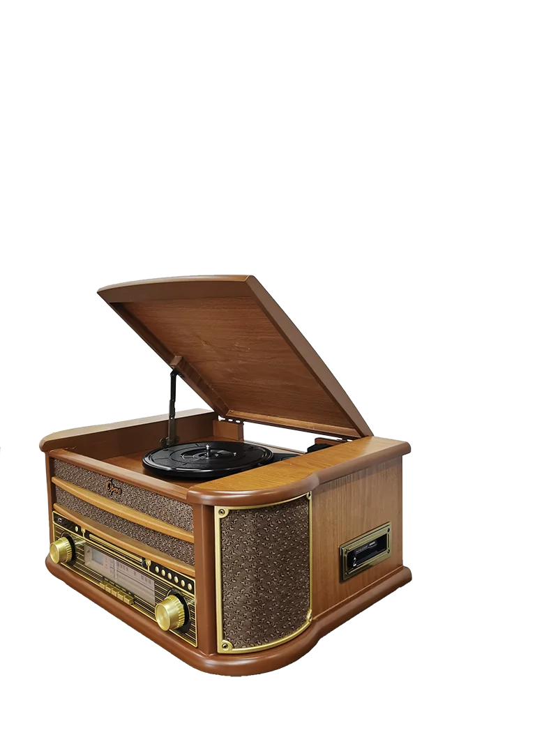 HKM-612179 Multifunctional Retro Wooden Turntable with AM FM Radio, USB and Bluetooth Connectivity, Plays Vinyl Records, CDs, and Tapes
