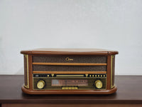 HKM-612179 Multifunctional Retro Wooden Turntable with AM FM Radio, USB and Bluetooth Connectivity, Plays Vinyl Records, CDs, and Tapes