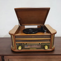 HKM-612179 Multifunctional Retro Wooden Turntable with AM FM Radio, USB and Bluetooth Connectivity, Plays Vinyl Records, CDs, and Tapes